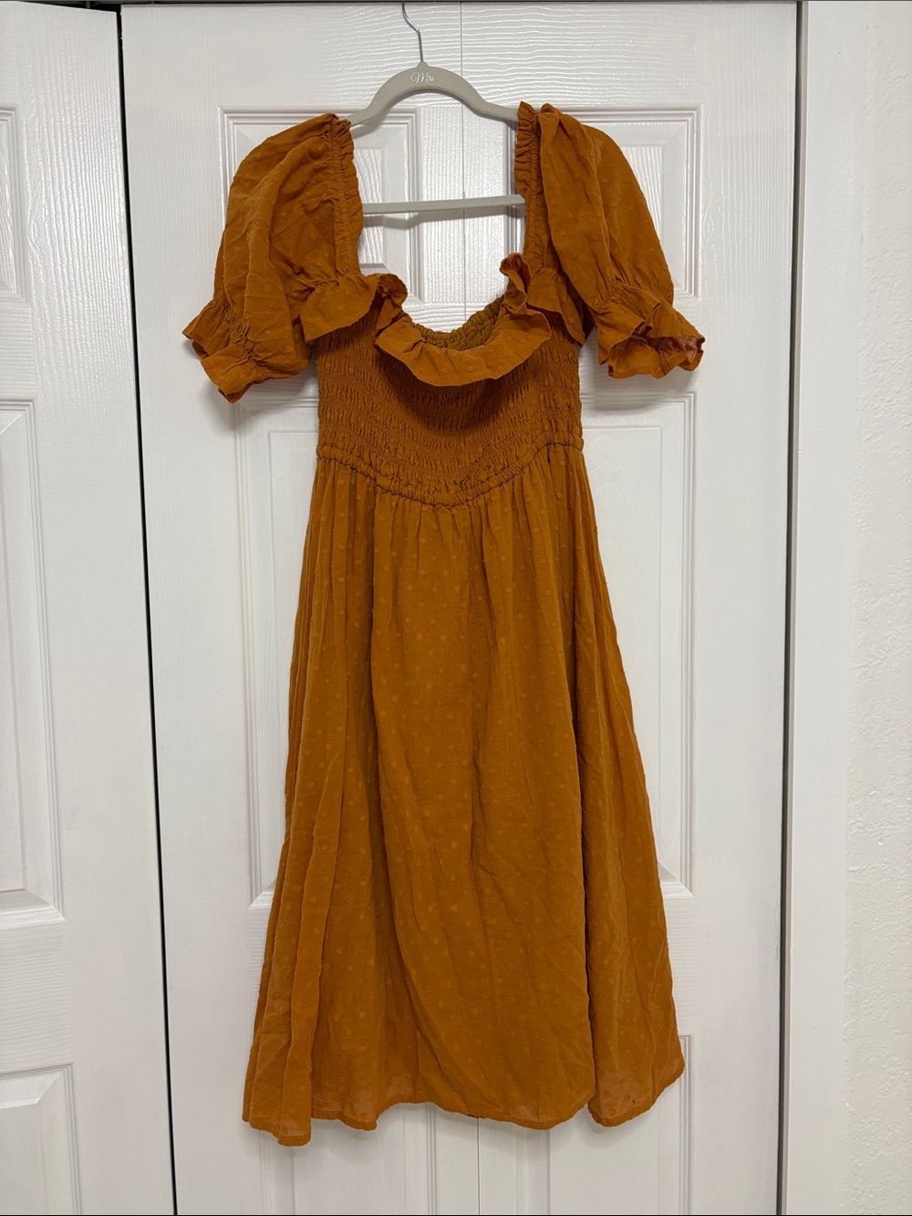 Smocked Puff-Sleeve Midi Dress in Rust - Picture 2 of 4